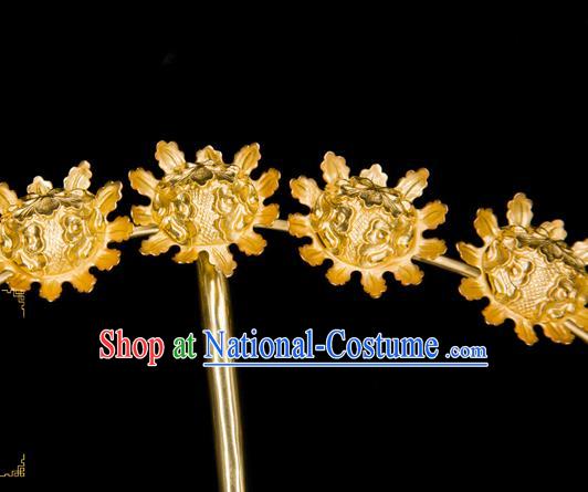 China Traditional Song Dynasty Palace Hair Accessories Handmade Court Hairpin Ancient Empress Golden Flowers Hair Stick