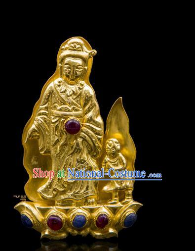 China Ancient Empress Golden Bodhisattva Hair Crown Traditional Ming Dynasty Palace Hair Accessories Handmade Court Gems Hairpin