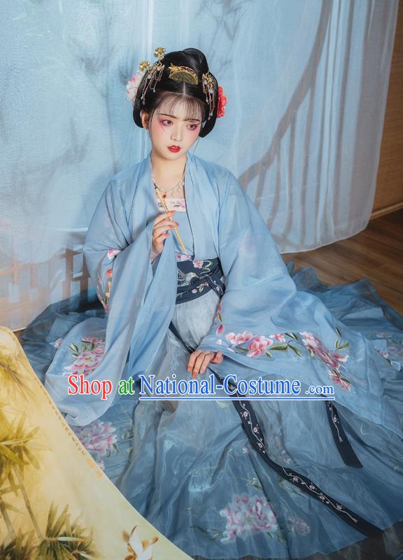 China Ancient Palace Princess Embroidered Clothing Traditional Blue Hanfu Dress Tang Dynasty Court Lady Costumes