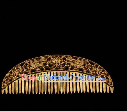 China Traditional Handmade Carving Hairpin Tang Dynasty Hair Accessories Ancient Empress Golden Hair Comb