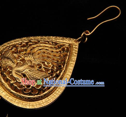 Handmade Chinese Ancient Empress Golden Phoenix Earrings Jewelry Traditional Ming Dynasty Palace Ear Accessories