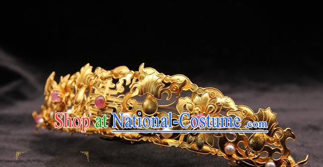 China Traditional Ming Dynasty Hair Accessories Handmade Golden Hairpin Ancient Empress Pearls Hair Crown