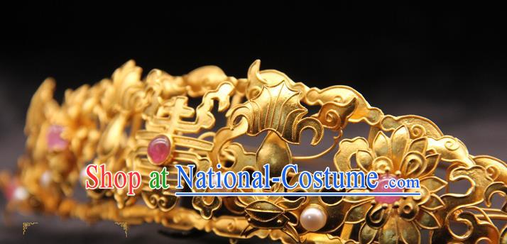 China Traditional Ming Dynasty Hair Accessories Handmade Golden Hairpin Ancient Empress Pearls Hair Crown