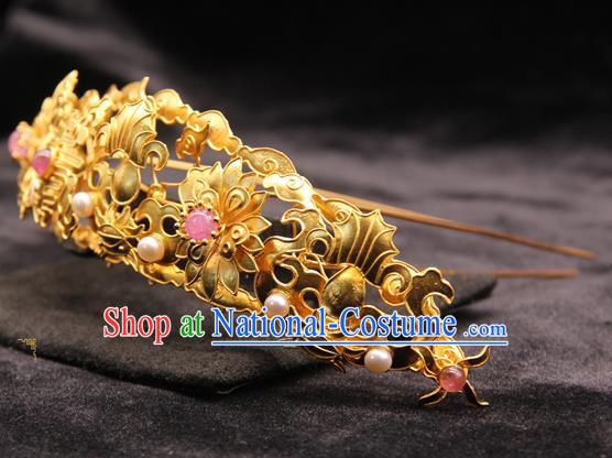 China Traditional Ming Dynasty Hair Accessories Handmade Golden Hairpin Ancient Empress Pearls Hair Crown