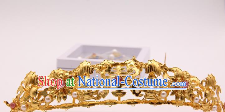 China Traditional Ming Dynasty Hair Accessories Handmade Golden Hairpin Ancient Empress Pearls Hair Crown