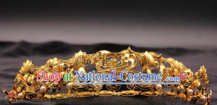 China Traditional Ming Dynasty Hair Accessories Handmade Golden Hairpin Ancient Empress Pearls Hair Crown