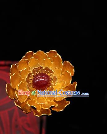 China Ancient Empress Golden Peony Hair Stick Handmade Hairpin Traditional Ming Dynasty Hair Accessories