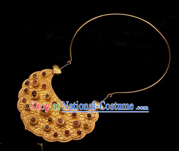 Handmade Chinese Traditional Song Dynasty Gems Necklace Accessories Ancient Imperial Consort Jewelry Golden Necklet