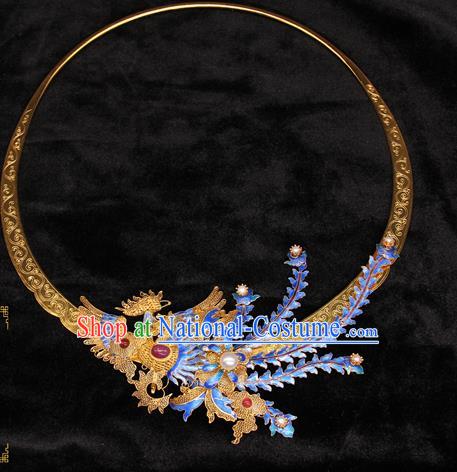 Handmade Chinese Ancient Imperial Consort Golden Necklet Jewelry Traditional Ming Dynasty Blueing Phoenix Necklace Accessories