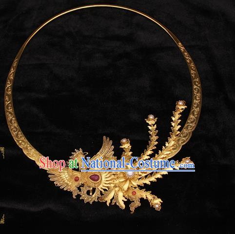 Handmade Chinese Traditional Ancient Ming Dynasty Imperial Consort Phoenix Necklace Accessories Golden Necklet Jewelry