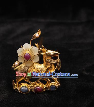 China Ancient Empress Golden Deer Hairpin Handmade Hair Accessories Traditional Ming Dynasty Jade Plum Hair Crown