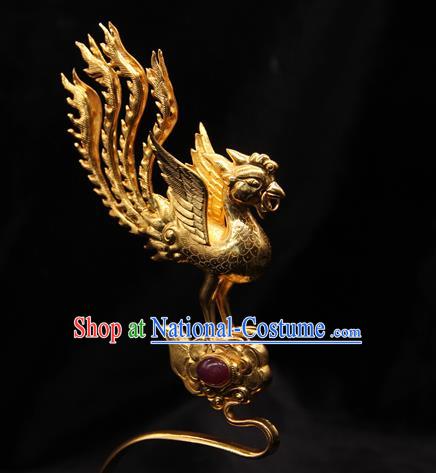 China Traditional Ming Dynasty Golden Phoenix Hair Stick Handmade Hair Accessories Ancient Imperial Consort Hairpin