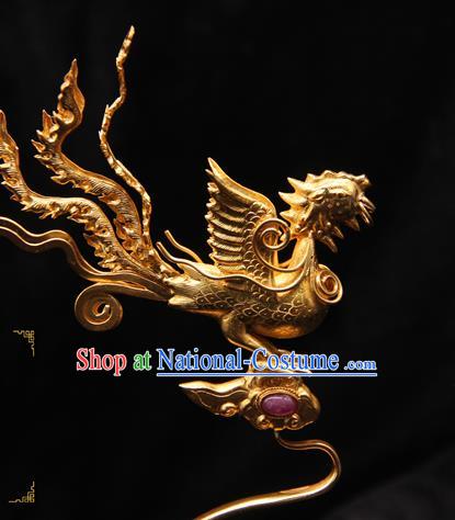 China Ancient Imperial Consort Hairpin Handmade Hair Accessories Traditional Ming Dynasty Golden Phoenix Hair Stick