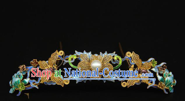 China Ancient Qing Dynasty Empress Golden Butterfly Hairpin Traditional Palace Headpiece Handmade Queen Blueing Hair Crown