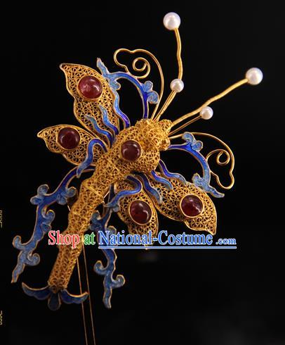 China Handmade Queen Enamel Dragonfly Hair Stick Traditional Palace Headpiece Ancient Qing Dynasty Empress Gems Hairpin