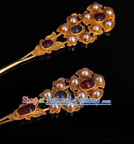 China Handmade Queen Pearls Hair Stick Traditional Palace Headpiece Ancient Ming Dynasty Empress Ruby Hairpin