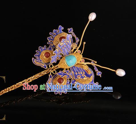 China Handmade Queen Gems Hair Stick Traditional Palace Headpiece Ancient Ming Dynasty Empress Cloisonne Butterfly Hairpin