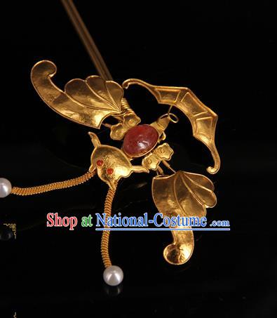 China Handmade Queen Ruby Hair Stick Traditional Palace Headpiece Ancient Qing Dynasty Empress Golden Butterfly Hairpin