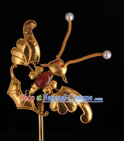 China Handmade Queen Ruby Hair Stick Traditional Palace Headpiece Ancient Qing Dynasty Empress Golden Butterfly Hairpin