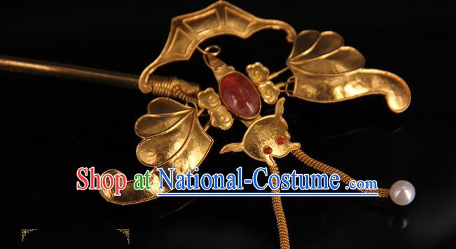 China Handmade Queen Ruby Hair Stick Traditional Palace Headpiece Ancient Qing Dynasty Empress Golden Butterfly Hairpin