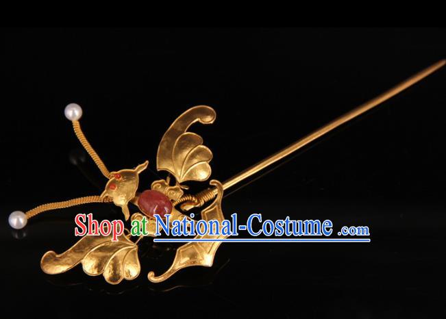 China Handmade Queen Ruby Hair Stick Traditional Palace Headpiece Ancient Qing Dynasty Empress Golden Butterfly Hairpin