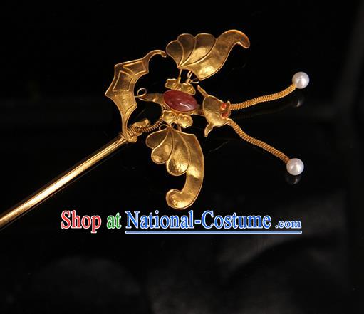 China Handmade Queen Ruby Hair Stick Traditional Palace Headpiece Ancient Qing Dynasty Empress Golden Butterfly Hairpin