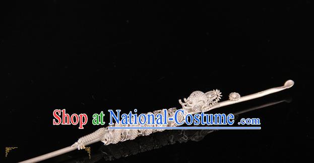 China Ancient Emperor Silver Dragon Head Hairpin Traditional Ming Dynasty Lord Hair Stick