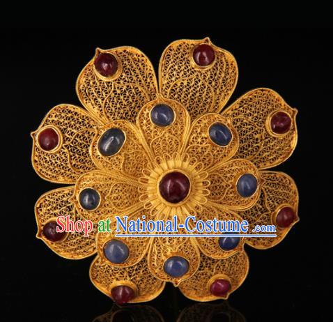 China Handmade Queen Gems Hair Crown Traditional Palace Headpiece Ancient Ming Dynasty Empress Golden Peony Hairpin