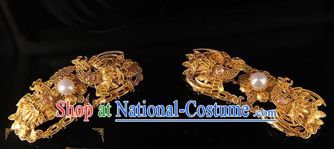 China Ancient Qing Dynasty Empress Golden Hairpin Handmade Queen Golden Phoenix Hair Stick Traditional Palace Headpiece