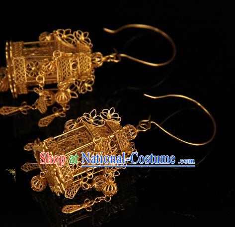 Handmade Chinese Traditional Court Golden Lantern Earrings Jewelry Ancient Qing Dynasty Ear Accessories