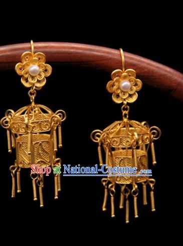 Handmade Chinese Ancient Qing Dynasty Palace Earrings Accessories Traditional Court Golden Lantern Ear Jewelry