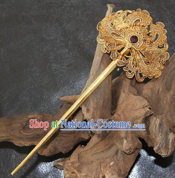 China Handmade Court Queen Golden Peony Hair Stick Traditional Palace Headpiece Ancient Qing Dynasty Empress Ruby Hairpin