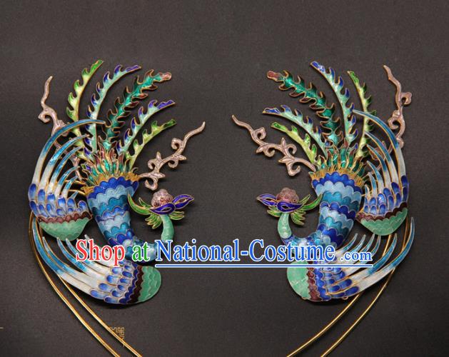 China Handmade Court Queen Hair Stick Traditional Palace Headpiece Ancient Qing Dynasty Empress Cloisonne Phoenix Hairpin