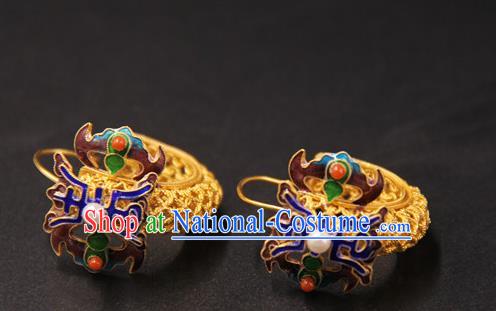 Handmade Chinese Ancient Qing Dynasty Golden Gems Earrings Accessories Traditional Court Cloisonne Ear Jewelry