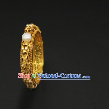 Handmade Traditional Court Golden Carving Bracelet Jewelry Chinese Ancient Qing Dynasty Queen Pearls Bangle Accessories