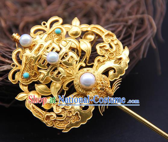 China Handmade Court Queen Pearls Hair Stick Traditional Palace Headpiece Ancient Qing Dynasty Empress Golden Hairpin