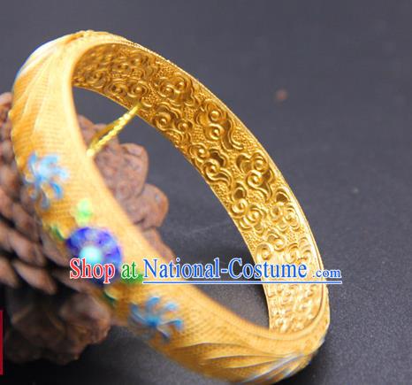 Handmade Traditional Court Enamel Bracelet Jewelry Chinese Ancient Qing Dynasty Queen Golden Bangle Accessories