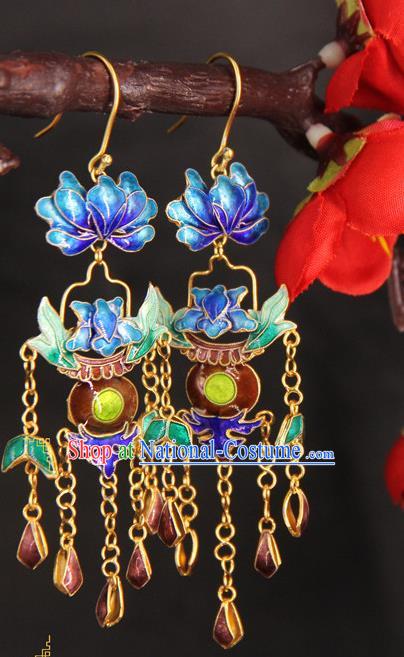 Handmade Chinese Traditional Court Cloisonne Peony Ear Jewelry Ancient Qing Dynasty Imperial Consort Earrings Accessories