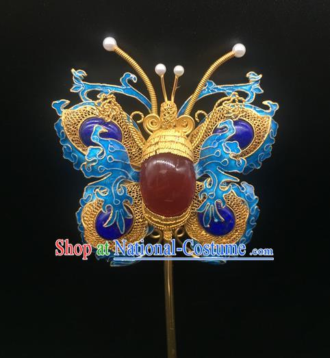 China Handmade Court Ruby Hair Stick Traditional Palace Headpiece Ancient Qing Dynasty Empress Enamel Butterfly Hairpin