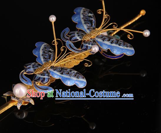 China Ancient Qing Dynasty Empress Hairpin Traditional Palace Headpiece Handmade Queen Cloisonne Butterfly Hair Stick