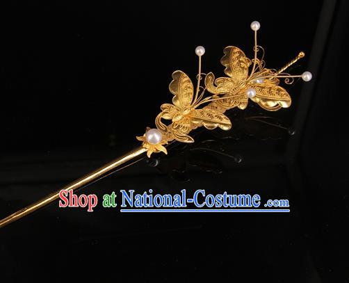 China Handmade Queen Golden Butterfly Hair Stick Ancient Qing Dynasty Empress Hairpin Traditional Palace Headpiece