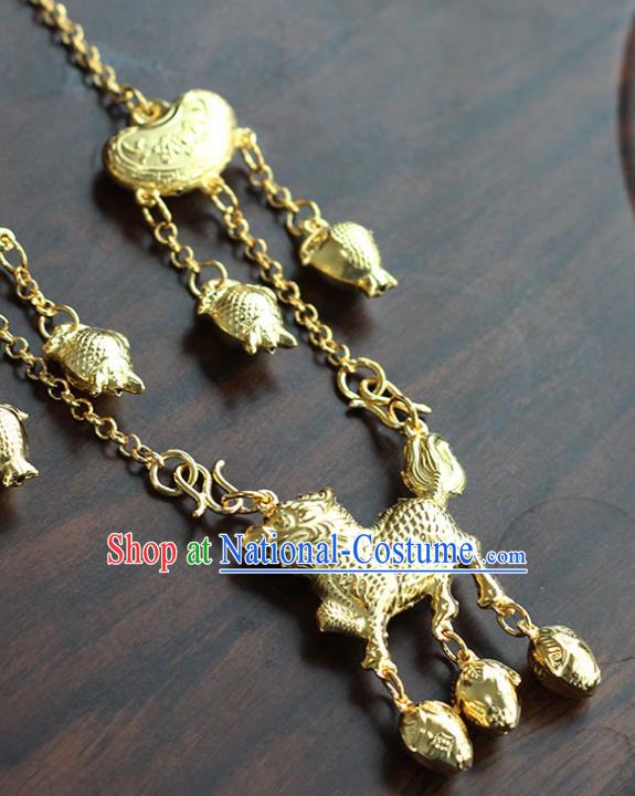 China Ancient Child Golden Kylin Necklace Traditional Ming Dynasty Tassel Longevity Lock