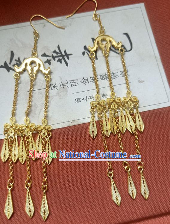 Handmade Traditional Court Golden Tassel Ear Jewelry Chinese Ancient Qing Dynasty Princess Earrings Accessories