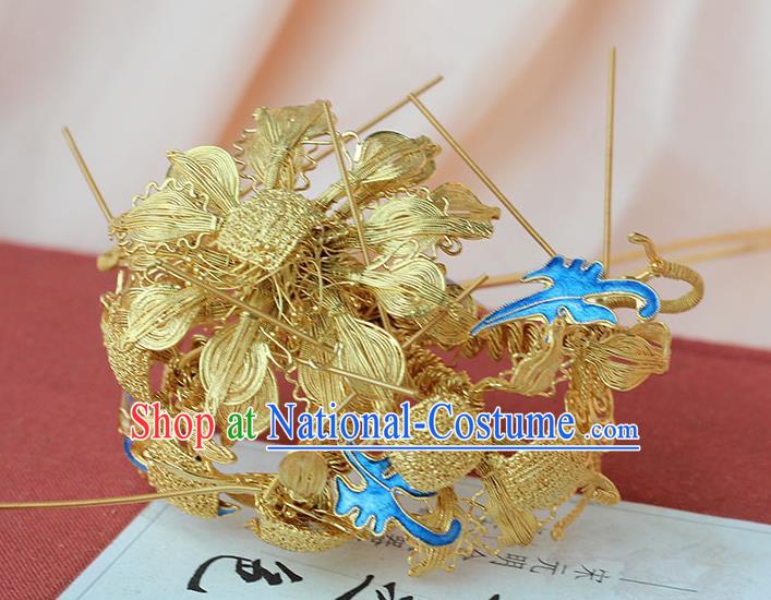 China Handmade Court Golden Lotus Hair Stick Traditional Palace Hair Jewelry Ancient Ming Dynasty Empress Cloisonne Hairpin