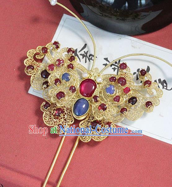 China Handmade Court Hair Stick Traditional Palace Hair Jewelry Ancient Ming Dynasty Empress Gems Butterfly Hairpin