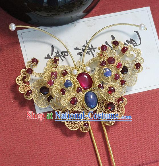 China Handmade Court Hair Stick Traditional Palace Hair Jewelry Ancient Ming Dynasty Empress Gems Butterfly Hairpin