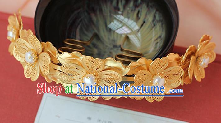 China Ancient Ming Dynasty Empress Hairpin Traditional Palace Hair Jewelry Handmade Court Golden Flowers Hair Comb