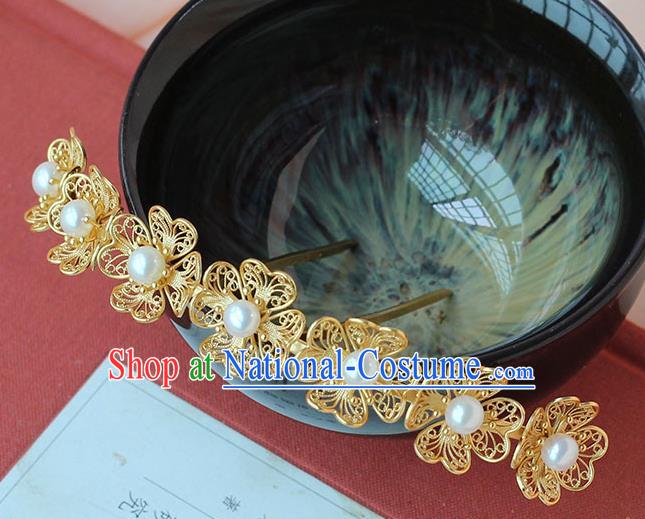 China Ancient Ming Dynasty Empress Pearls Hairpin Handmade Court Golden Flowers Hair Crown Traditional Palace Hair Jewelry