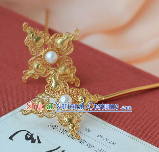 China Ancient Qing Dynasty Empress Golden Gourd Hairpin Traditional Palace Hair Jewelry Handmade Court Pearl Hair Stick