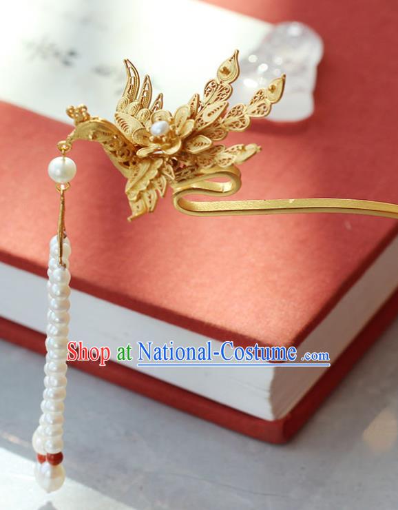 China Ancient Ming Dynasty Empress Beads Tassel Hairpin Traditional Palace Hair Jewelry Handmade Court Golden Phoenix Hair Stick